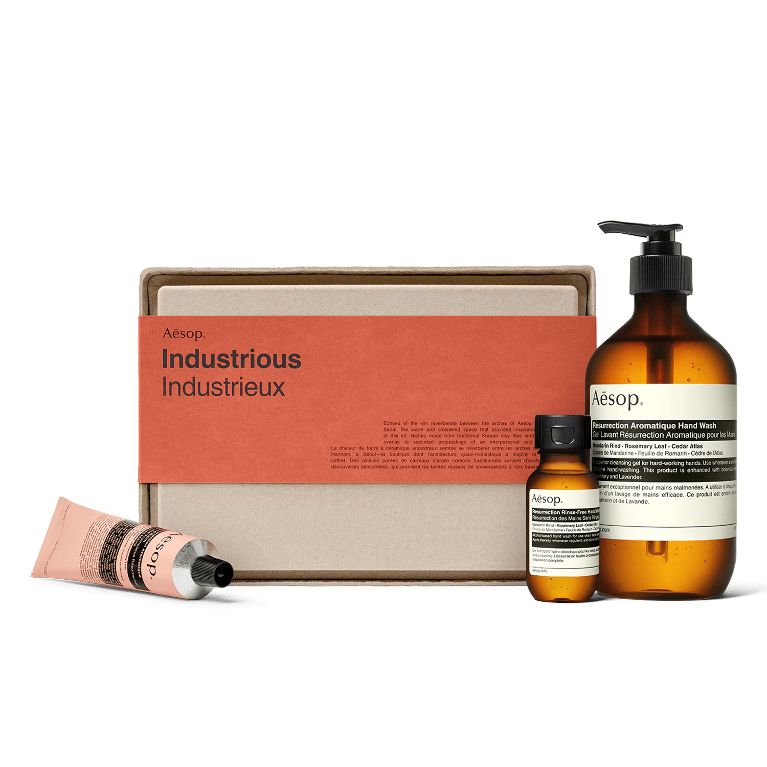 Aesop gift box kit with three products and orange branding