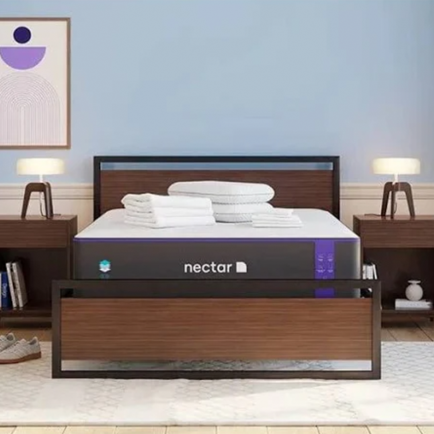 Nectar Mattress on wood frame in Blue bedroom