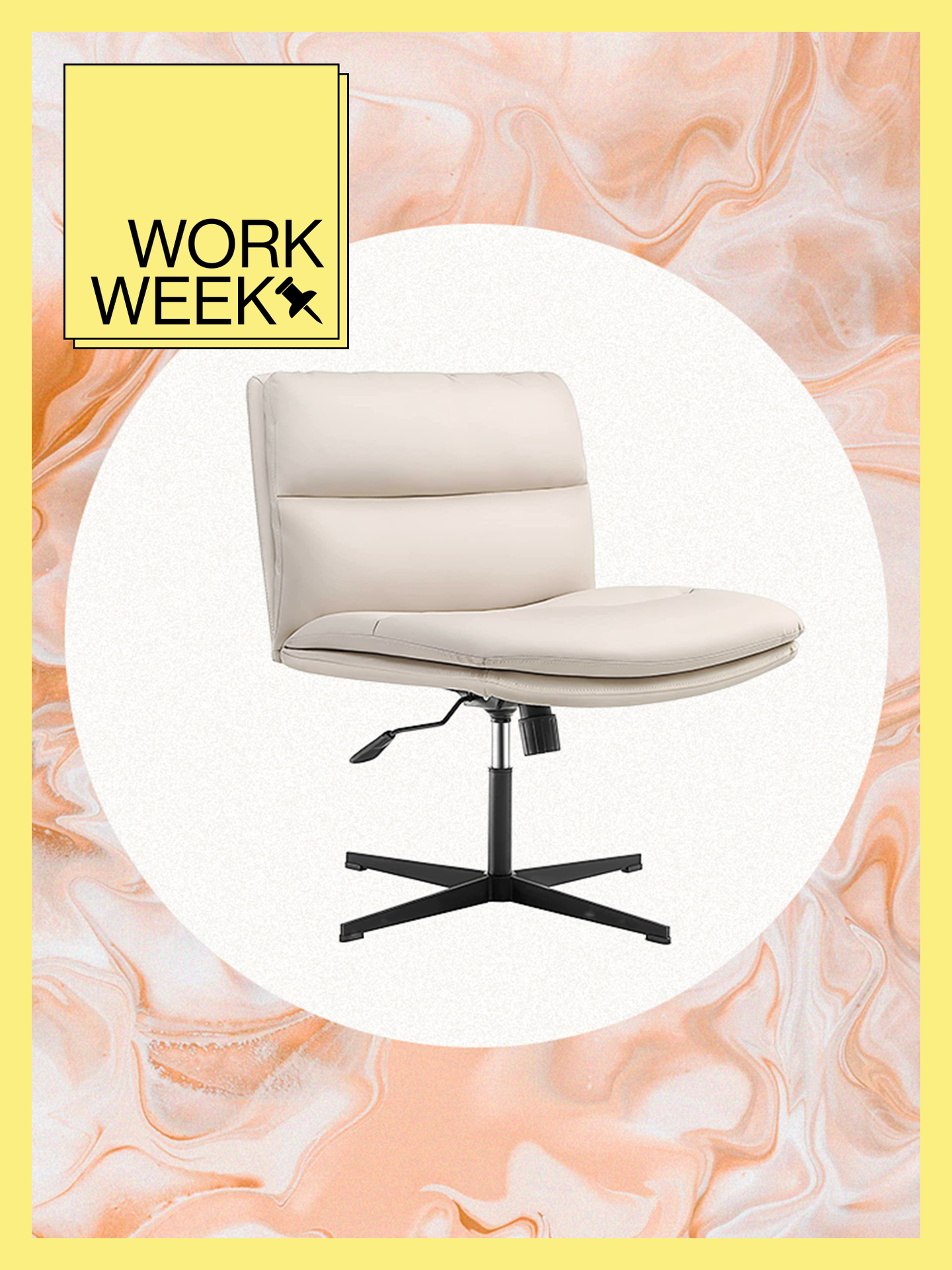 Amazon armless desk chair in beige with Work Week badge and border.