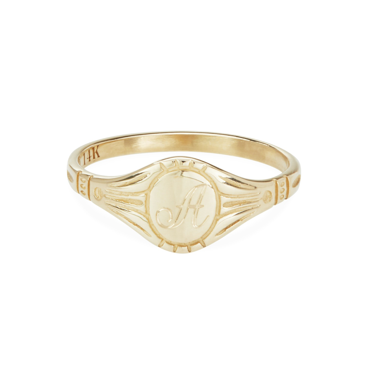 Gold ring with engraved A initial by Catbird