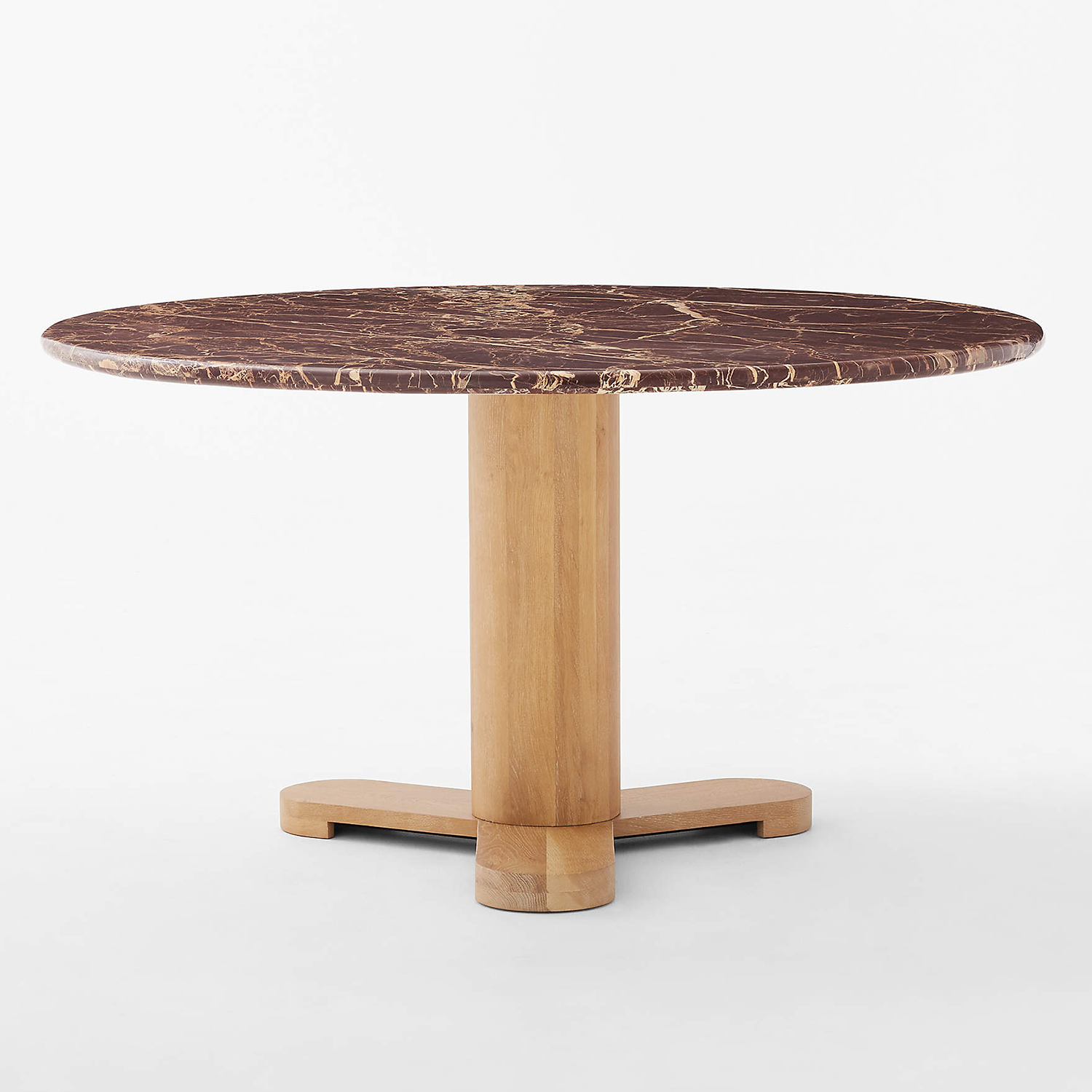 red marble oval dining table with oak wood base