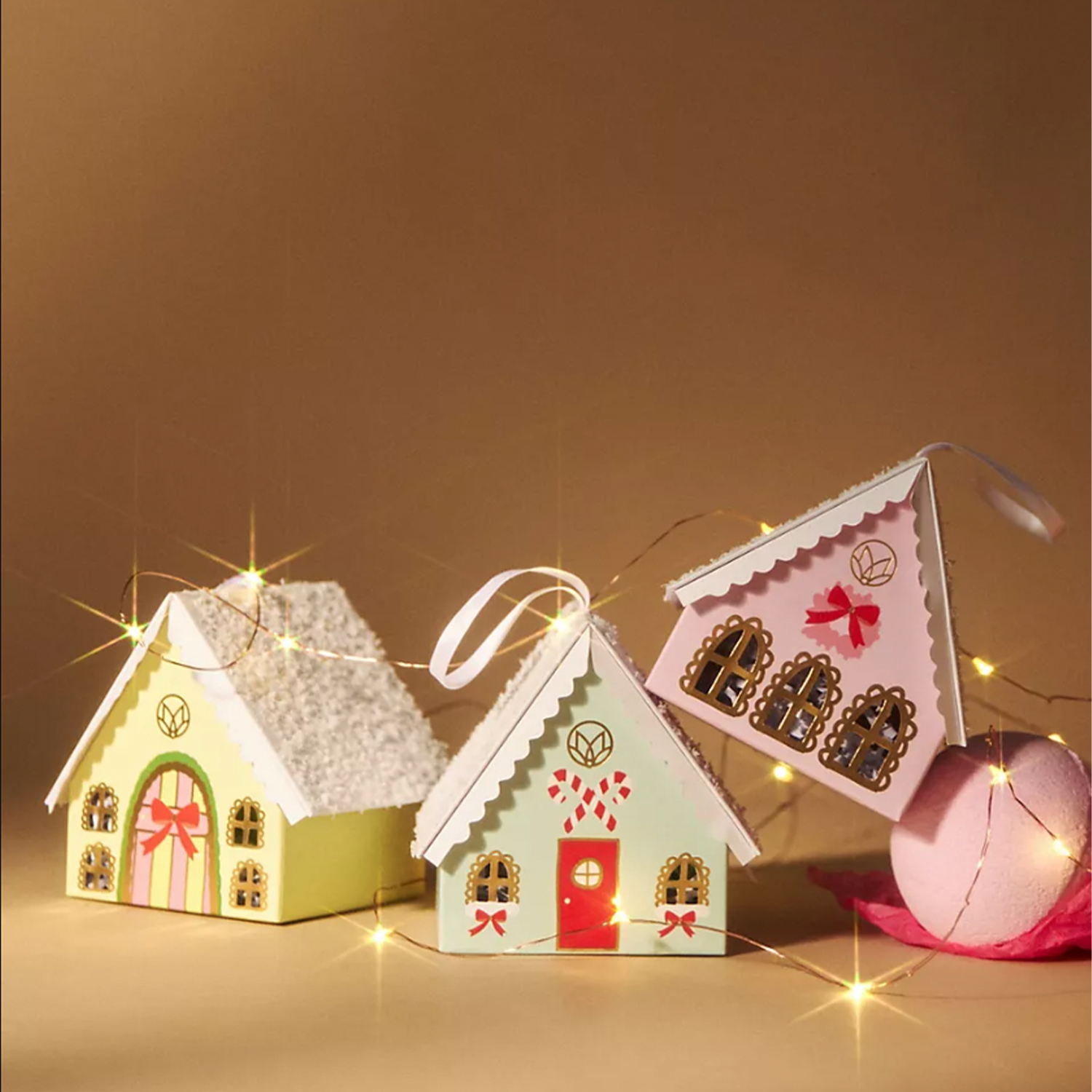 Village Ornaments with bath bombs