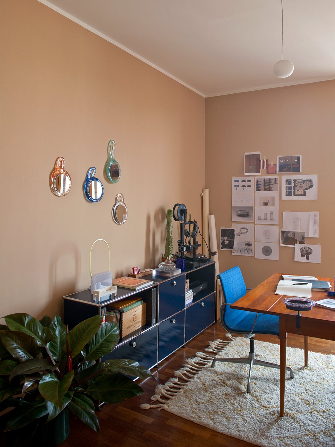 peach office with blue storage