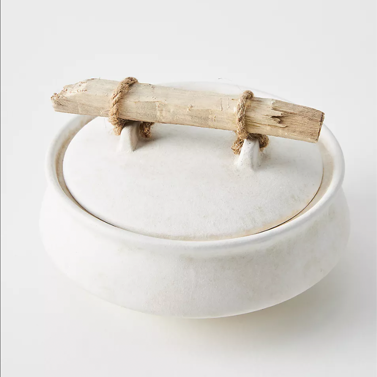Cream white earthenware trinket dish with wood handle