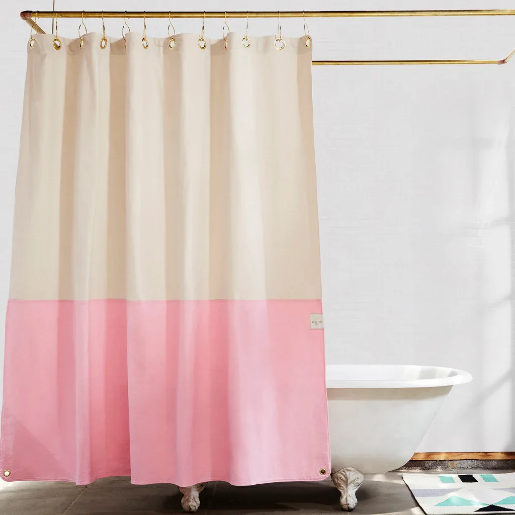 pink and white shower curtain