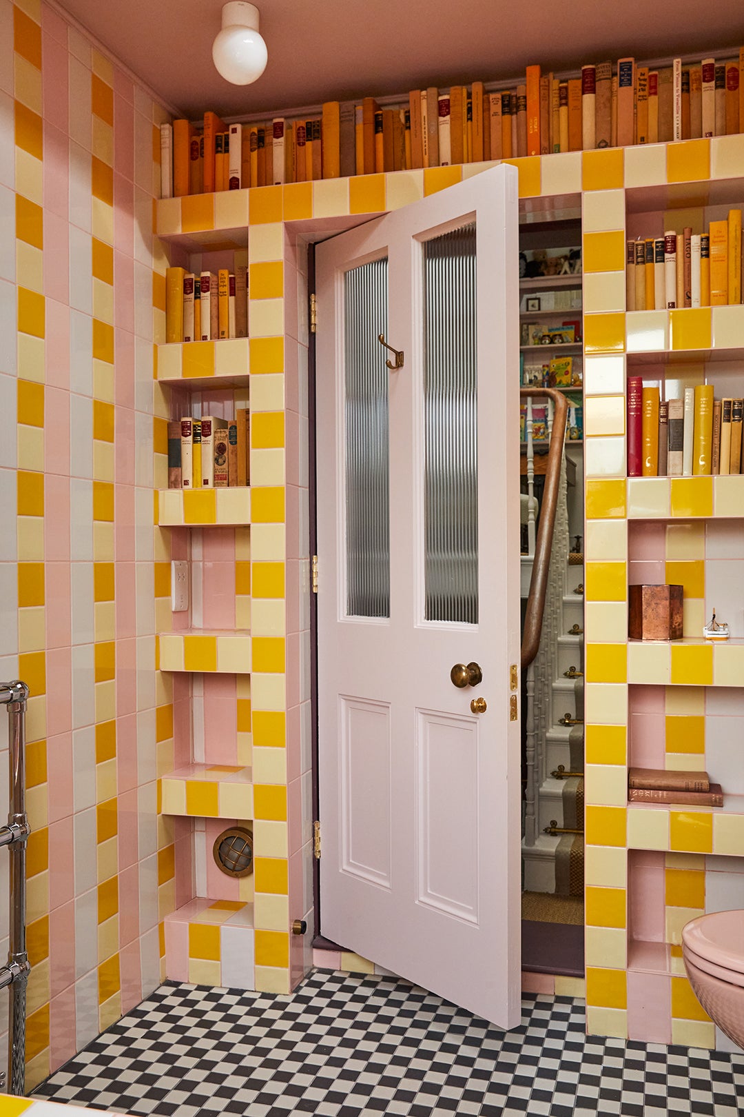 pink and yellow checkered bathroom