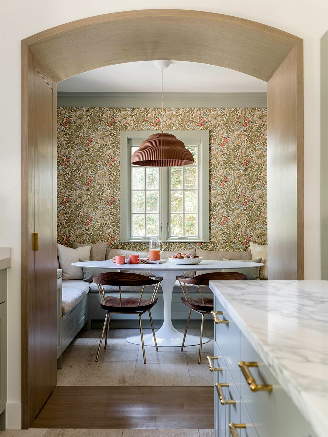 floral wallpapered breakfast room