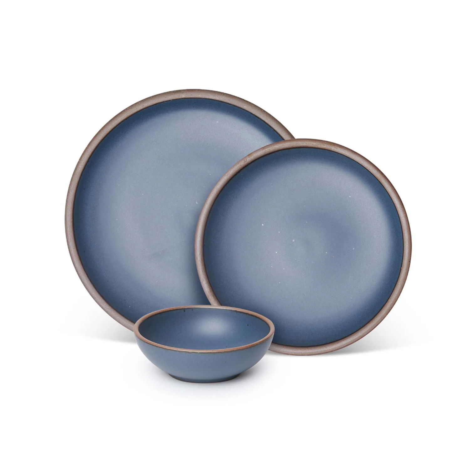 two plates and a shallow bowl in blue