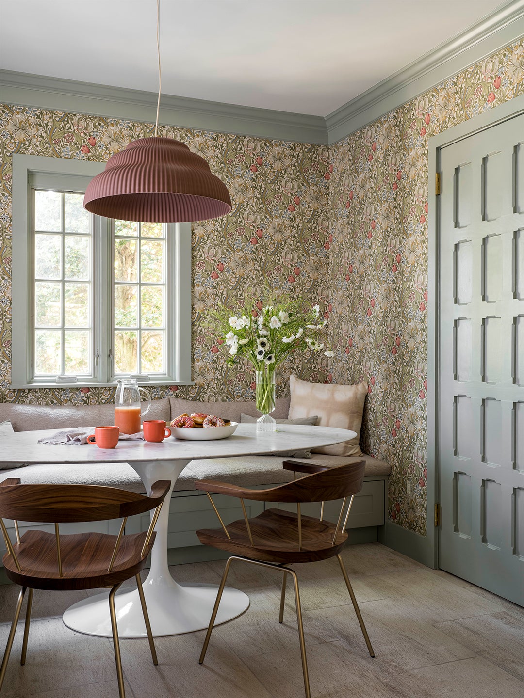 floral wallpapered breakfast room