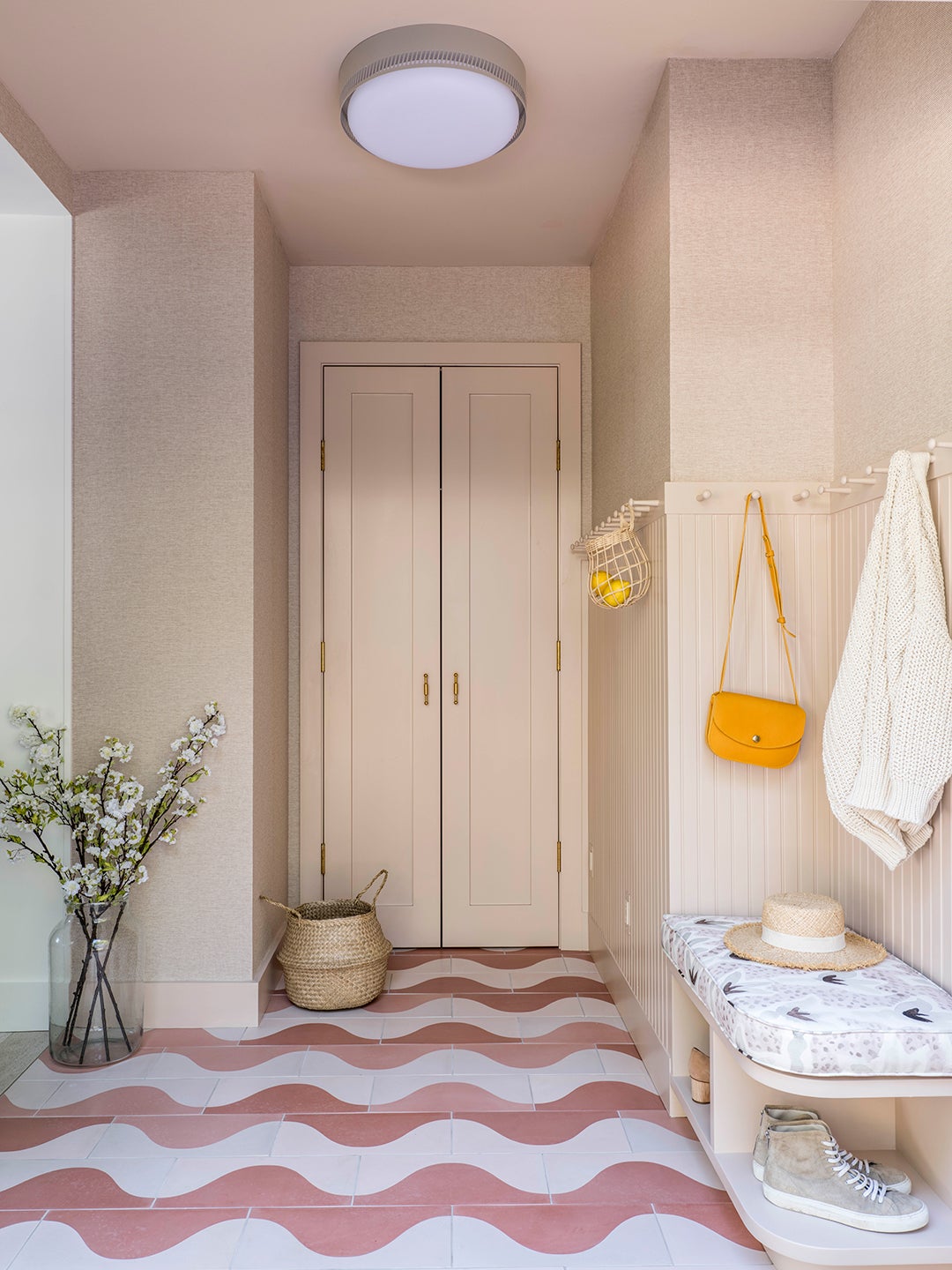pink mudroom with closet