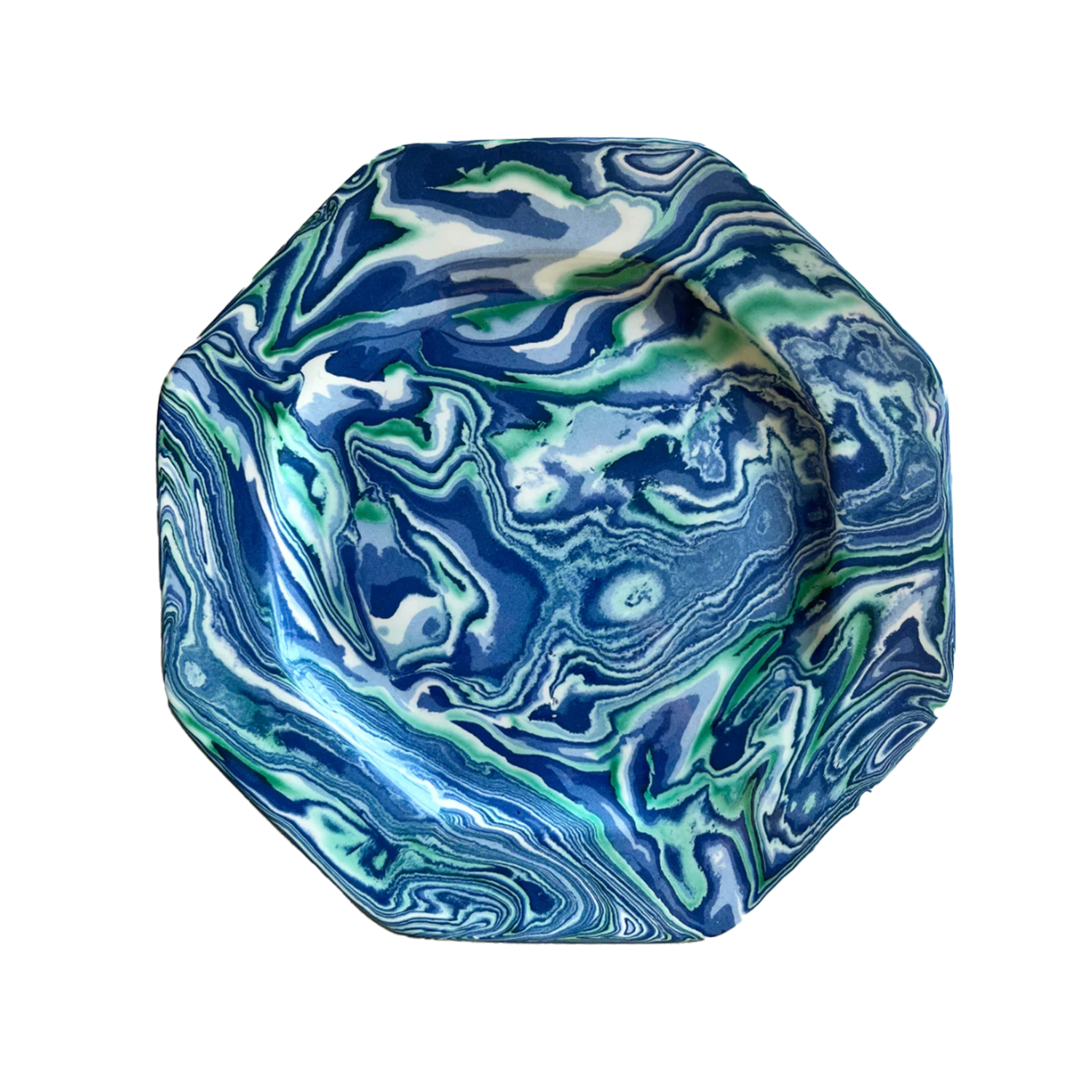 hectagon plate with blue and green marble swirls