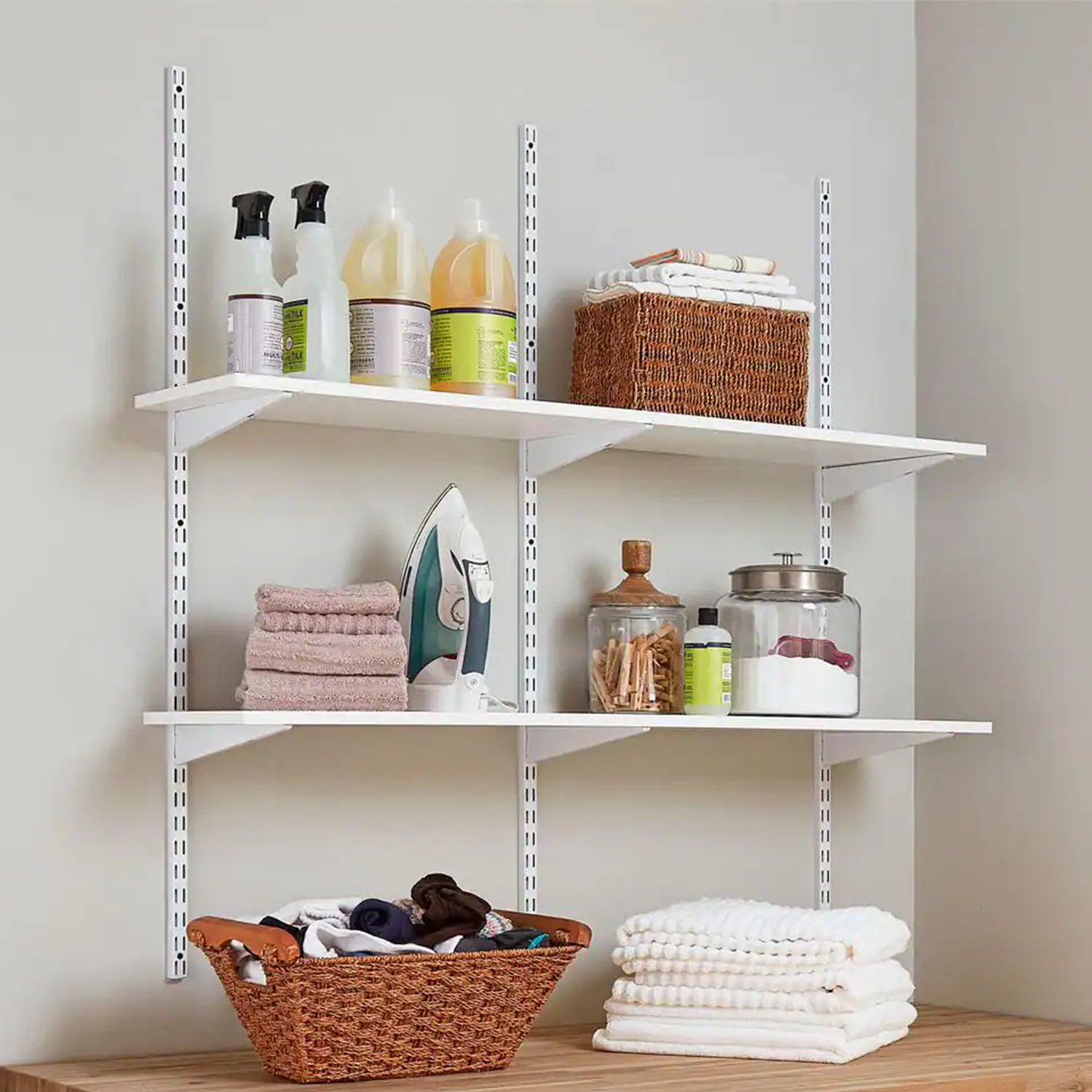 white rubbermaid wall mounted shelf
