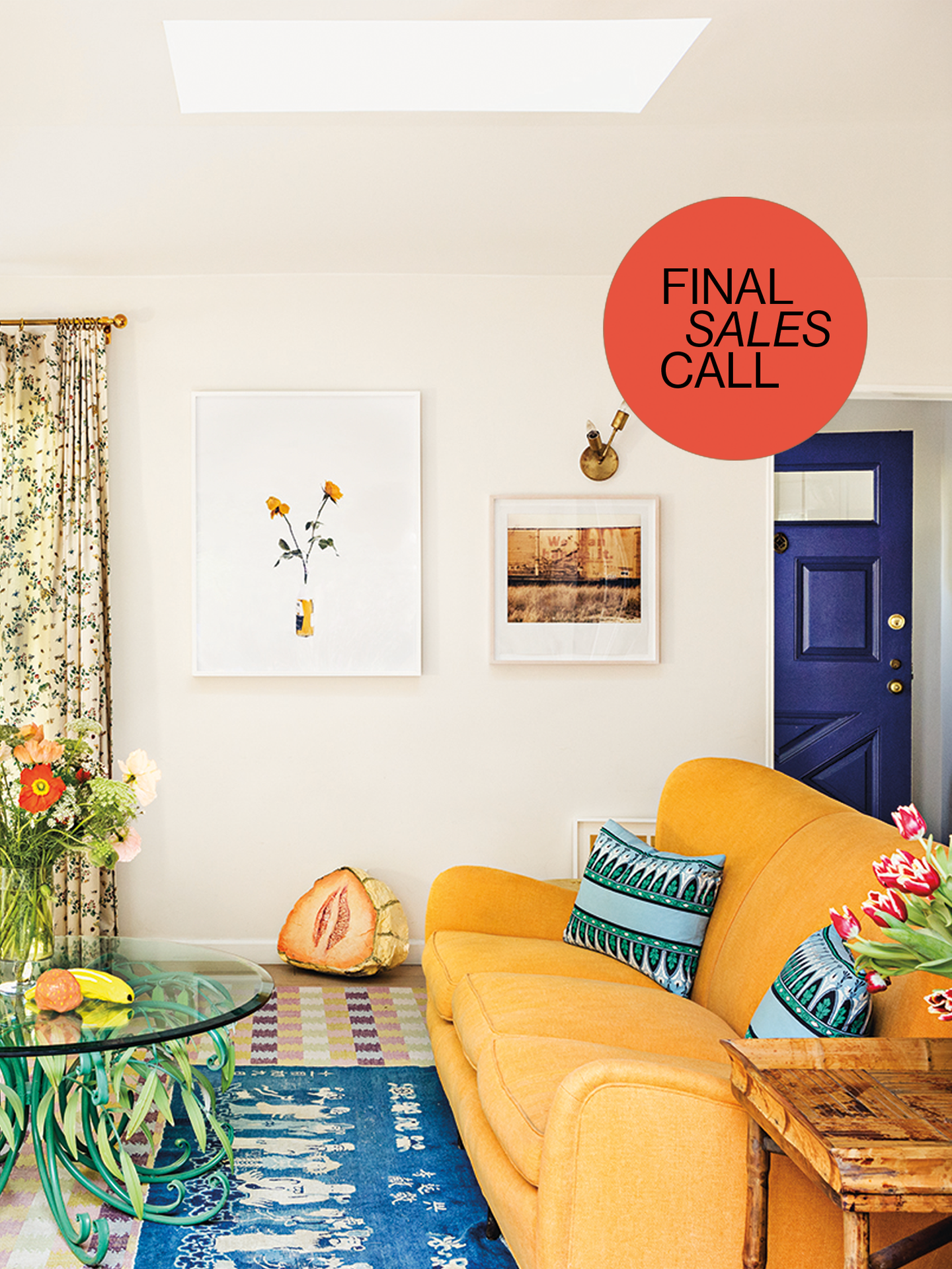 Lifestyle åimage of a bright living room with a yellow couch and a red badge that reads "Final Sales Call."