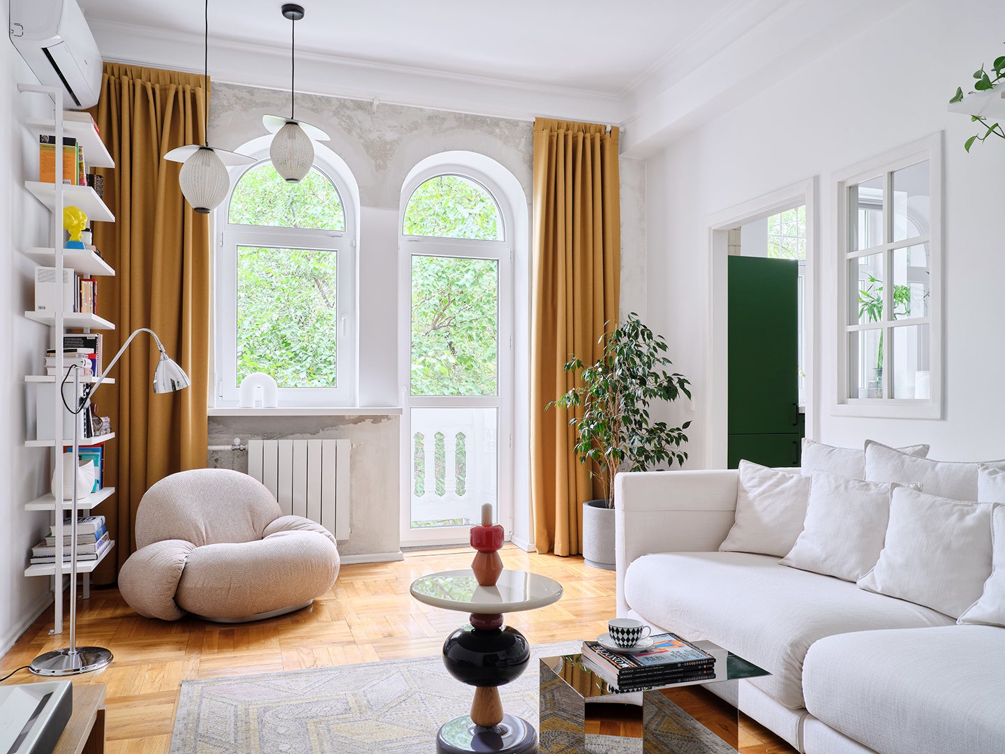 living room with yellow curtains