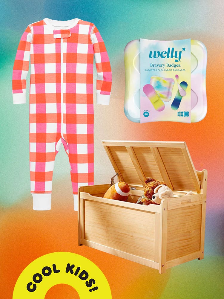 Cool Kids collage with welly bandages, gingham onesie, and wooden toy chest