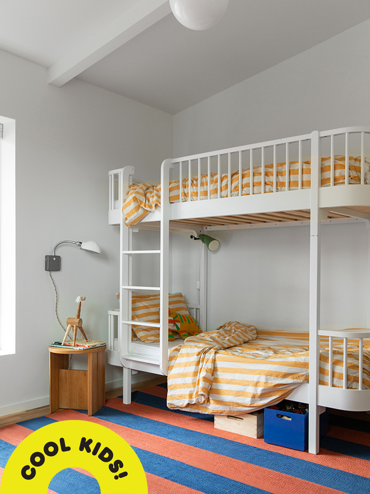 Amanda Jane Jones Bunk Beds with Striped Rug and Cool Kids Border Treatment
