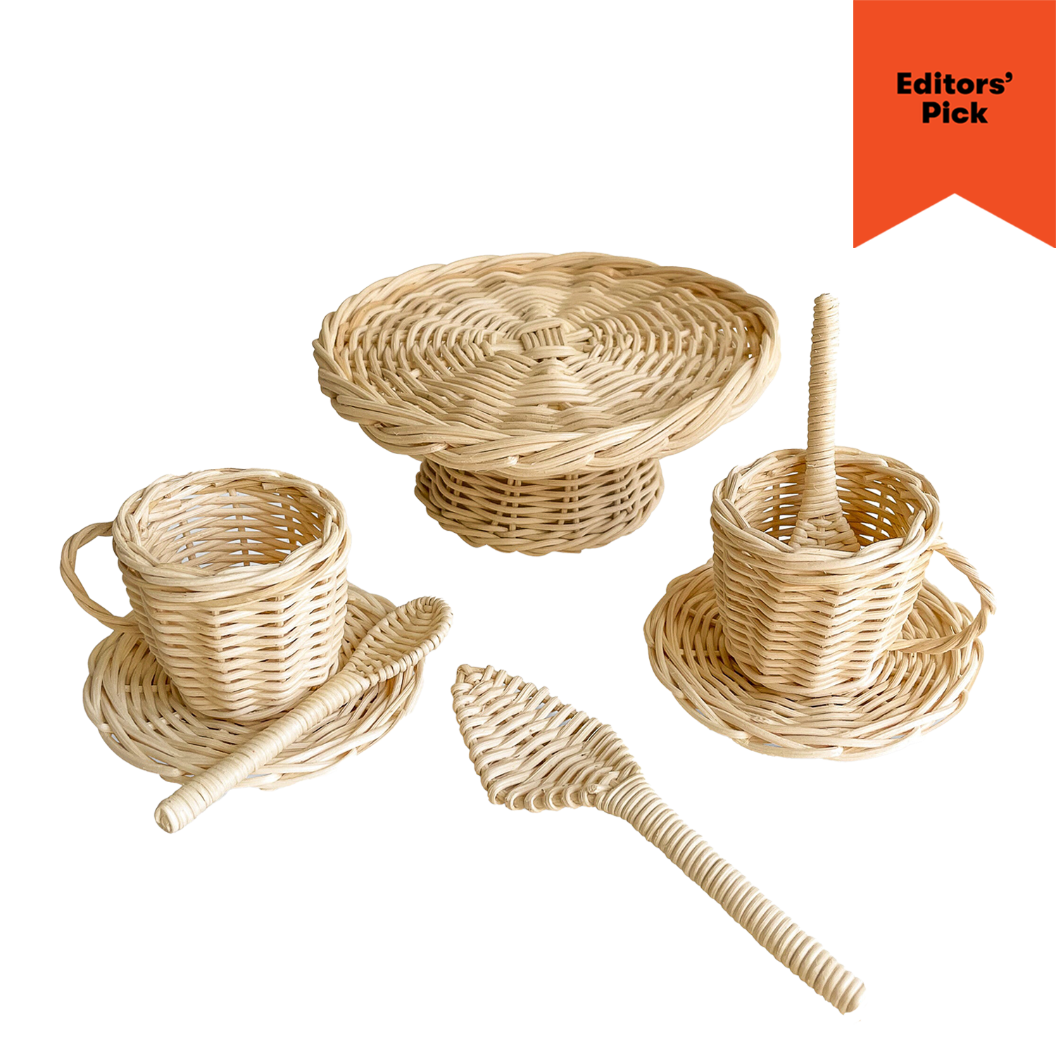 Rattan tea cups, spoons, cake stand, and servingware