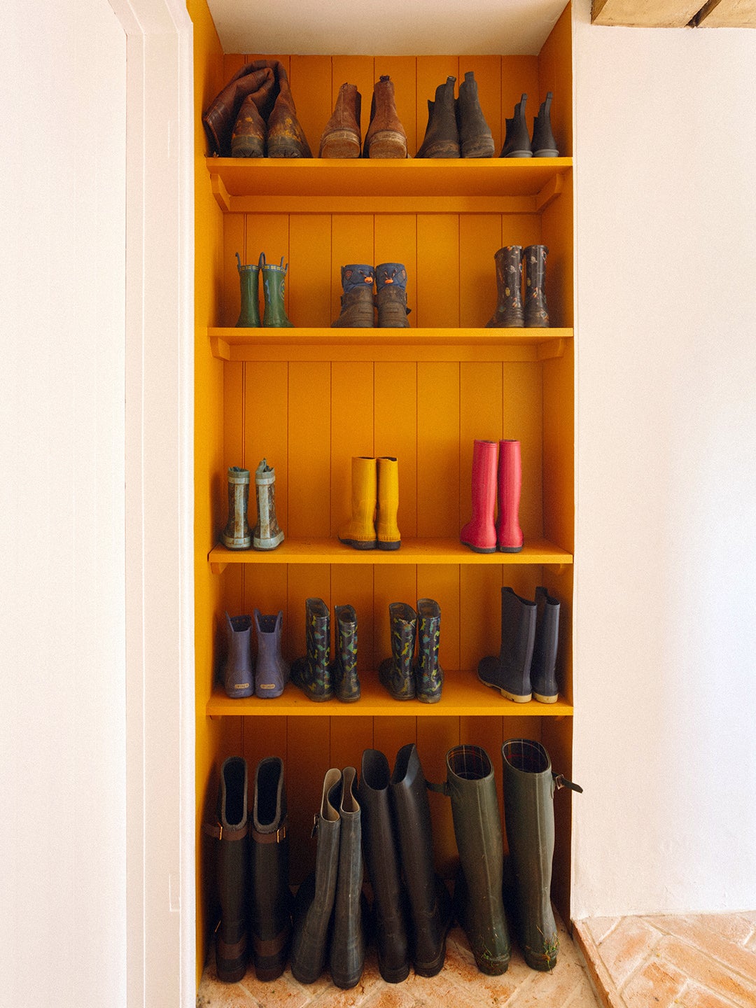 shoes on yellow shelves