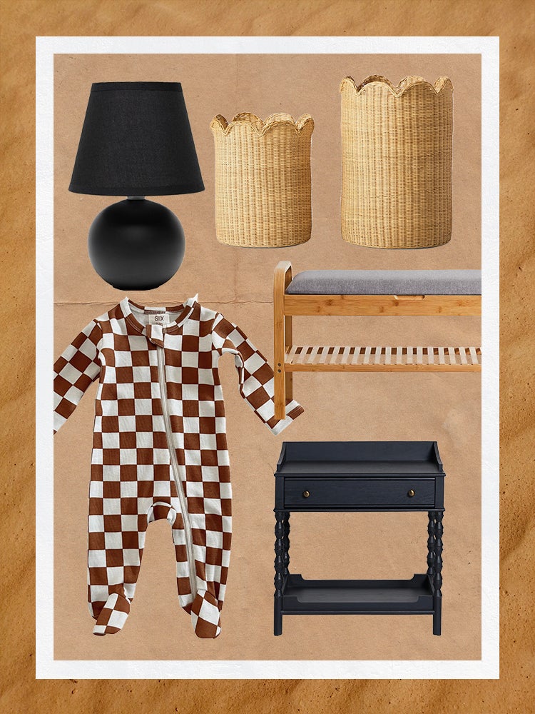 Silos of checker onesie, topia nightstand, urban outfitter bench, misha & puff baskets, and black mini table lamp with commerce border treatment
