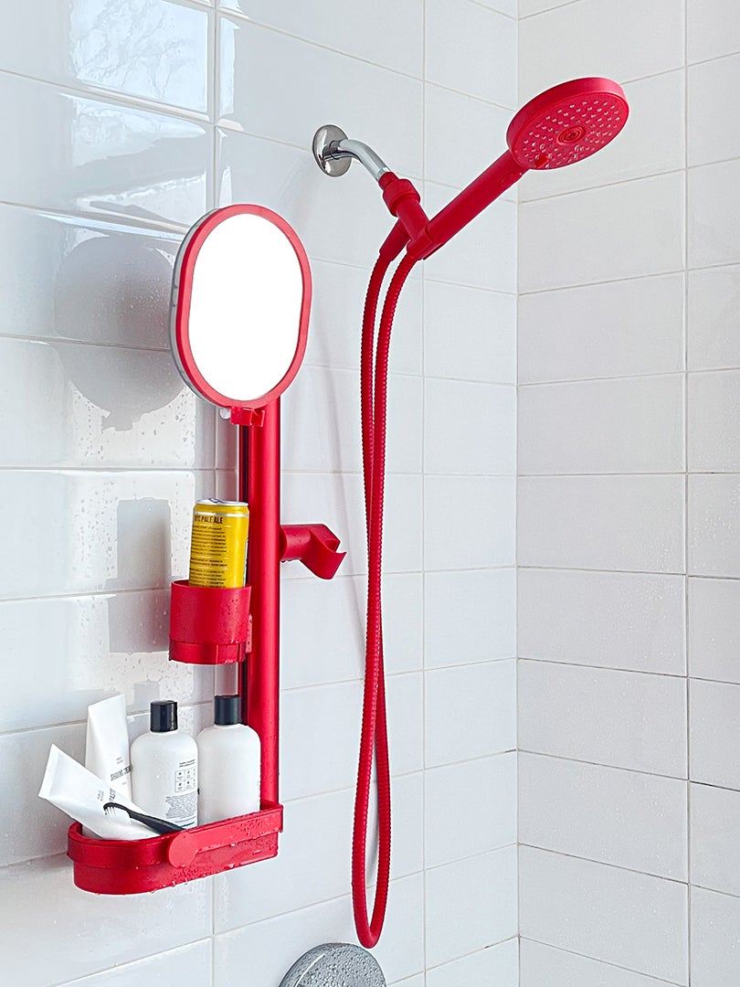 red shower head with mirror