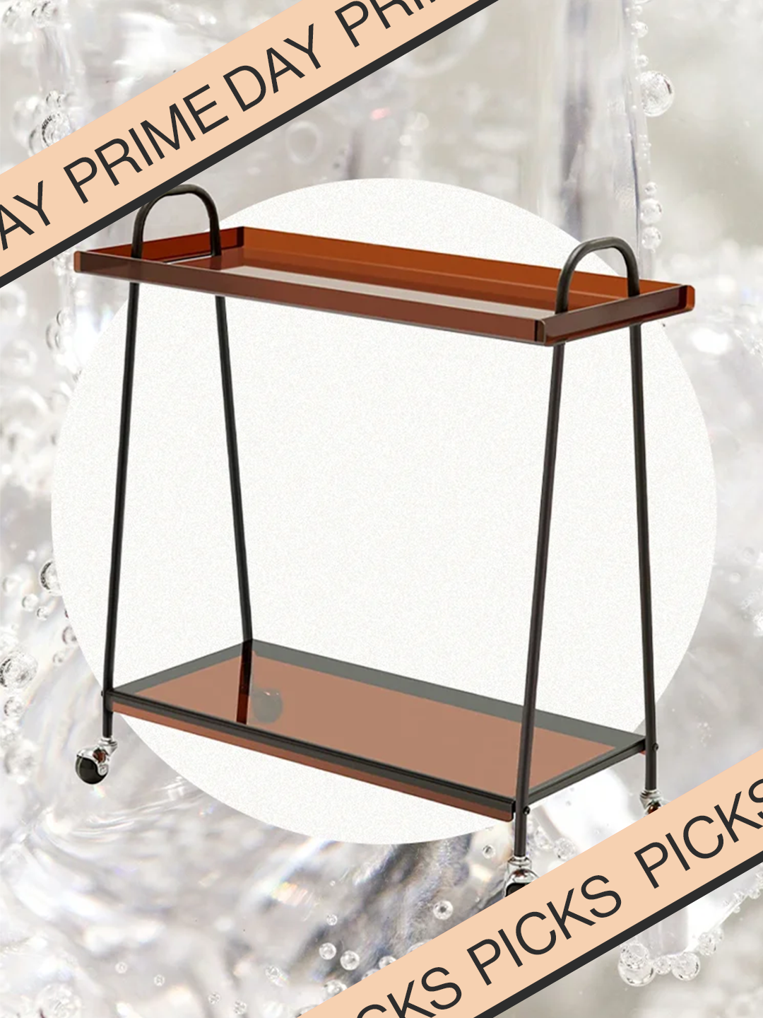 Brown acrylic shelves, compact bar cart with wheels on gray bubble background