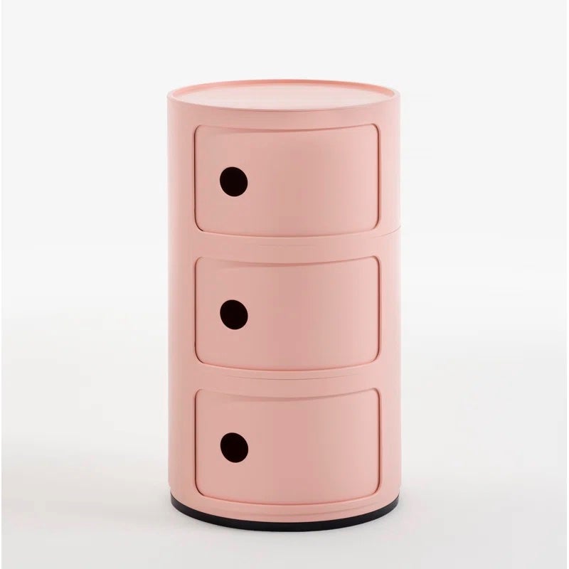 pink plastic three-drawer storage unit