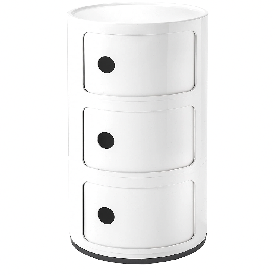 glossy white plastic three-drawer storage unit