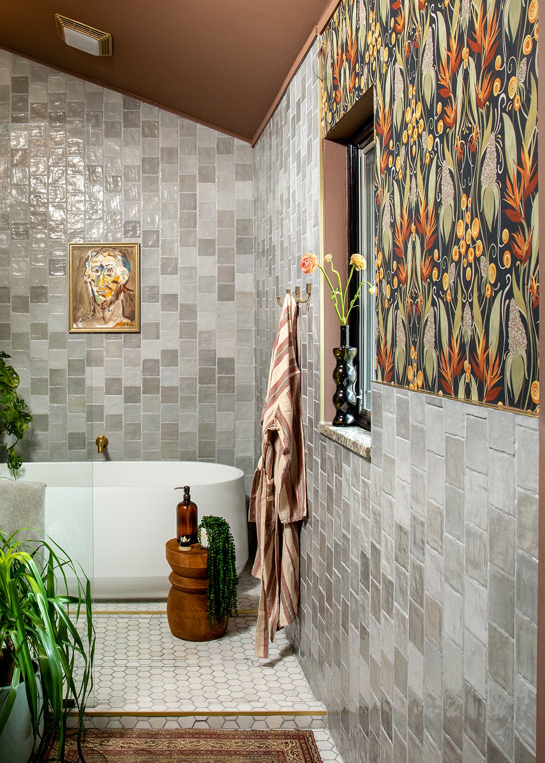 Wallpaper above bathroom tile