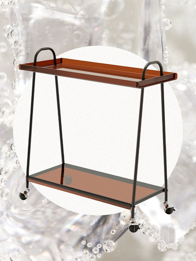 Brown acrylic shelves, compact bar cart with wheels on gray bubble background