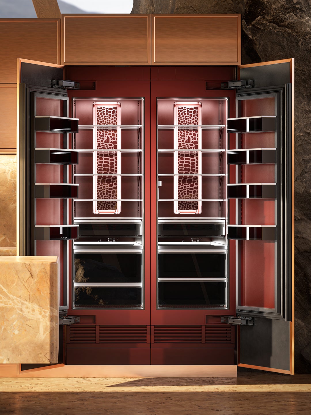 interior of red fridge