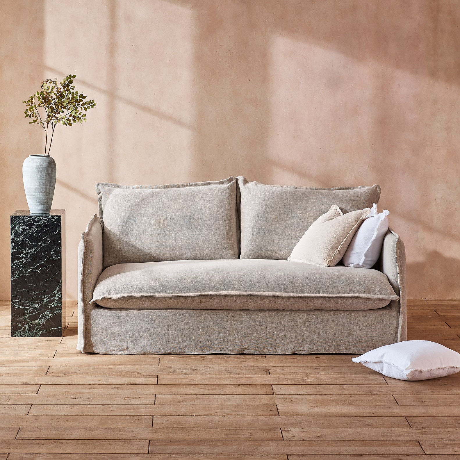 taupe down-filled sofa