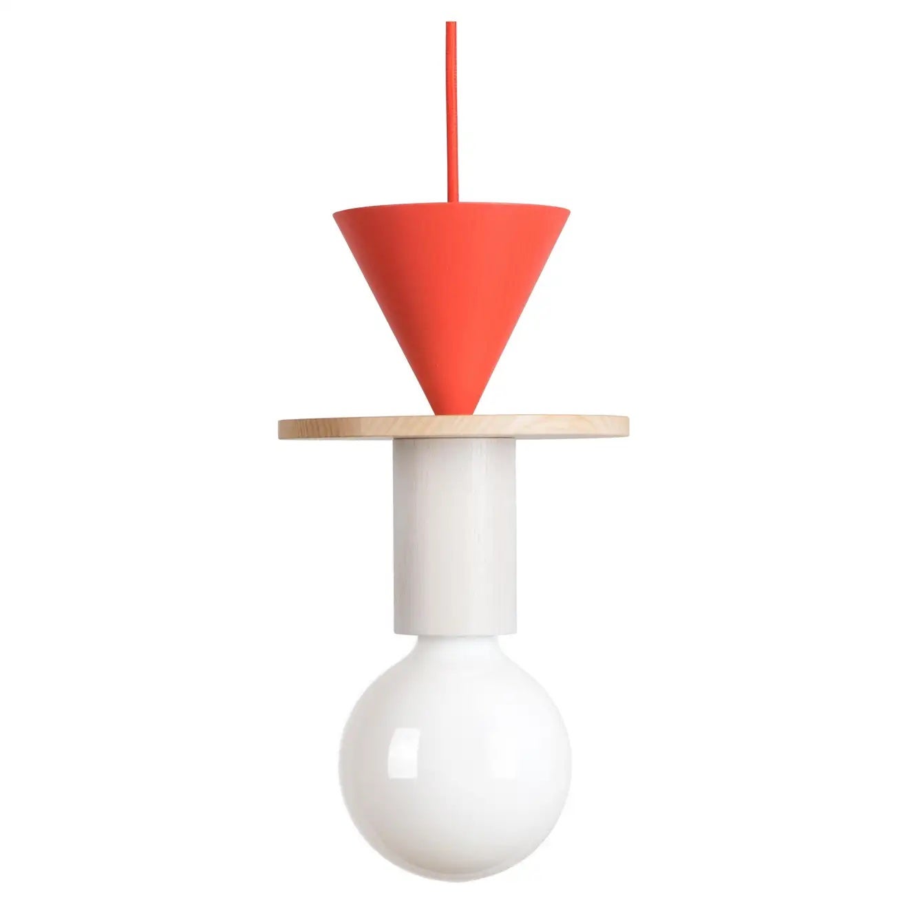 bare-bulbed pendant with red cone detail