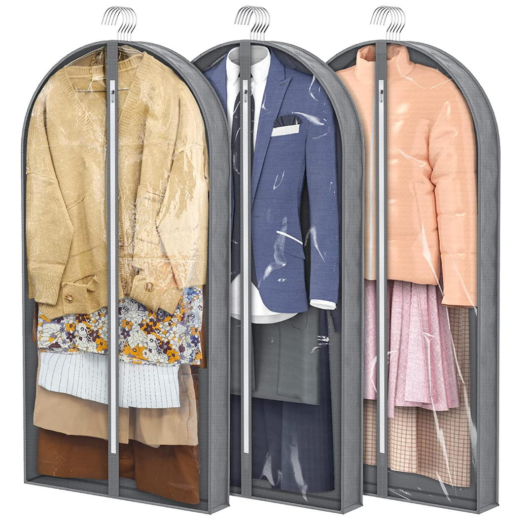 three gray garment bags with clear plastic fronts