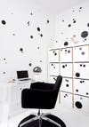 white office with black polka dots