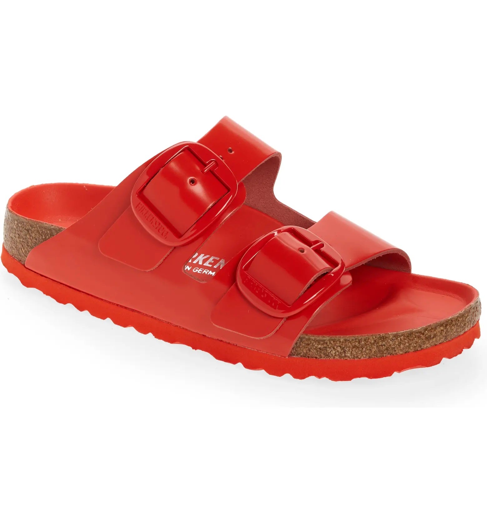 tomato red, high-shine birkenstock sandals