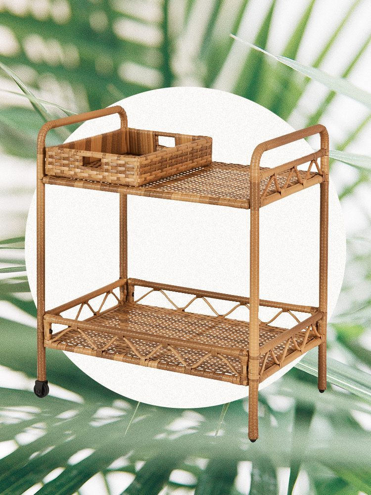 Faux-Wicker Bart Cart from Walmart Surrounded by Palm Leaves