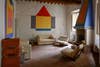 colorful wall mural in neutral room