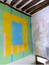 yellow, green, and blue colorblocked wall