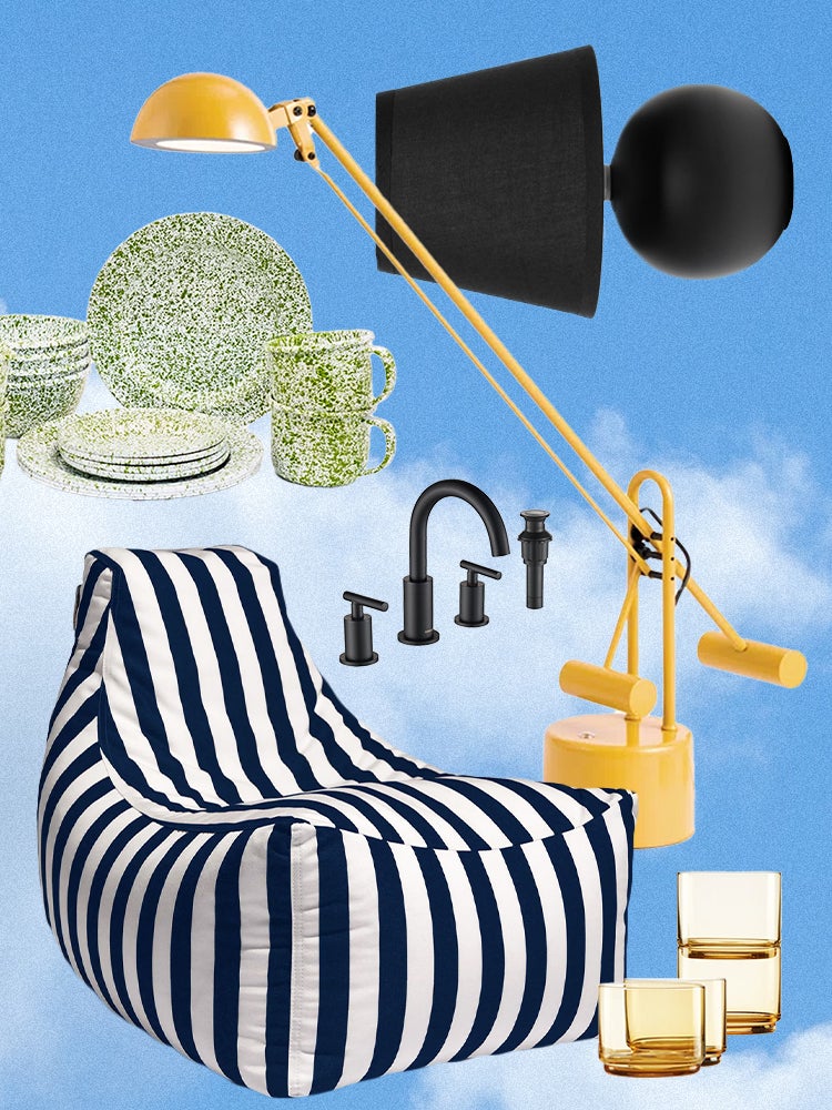 Wayfair collage featuring black lamp, splatterware set, yellow lamp, striped bean bag, and black matte hardware