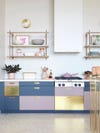 tri colored cabinets and terrazzo floor
