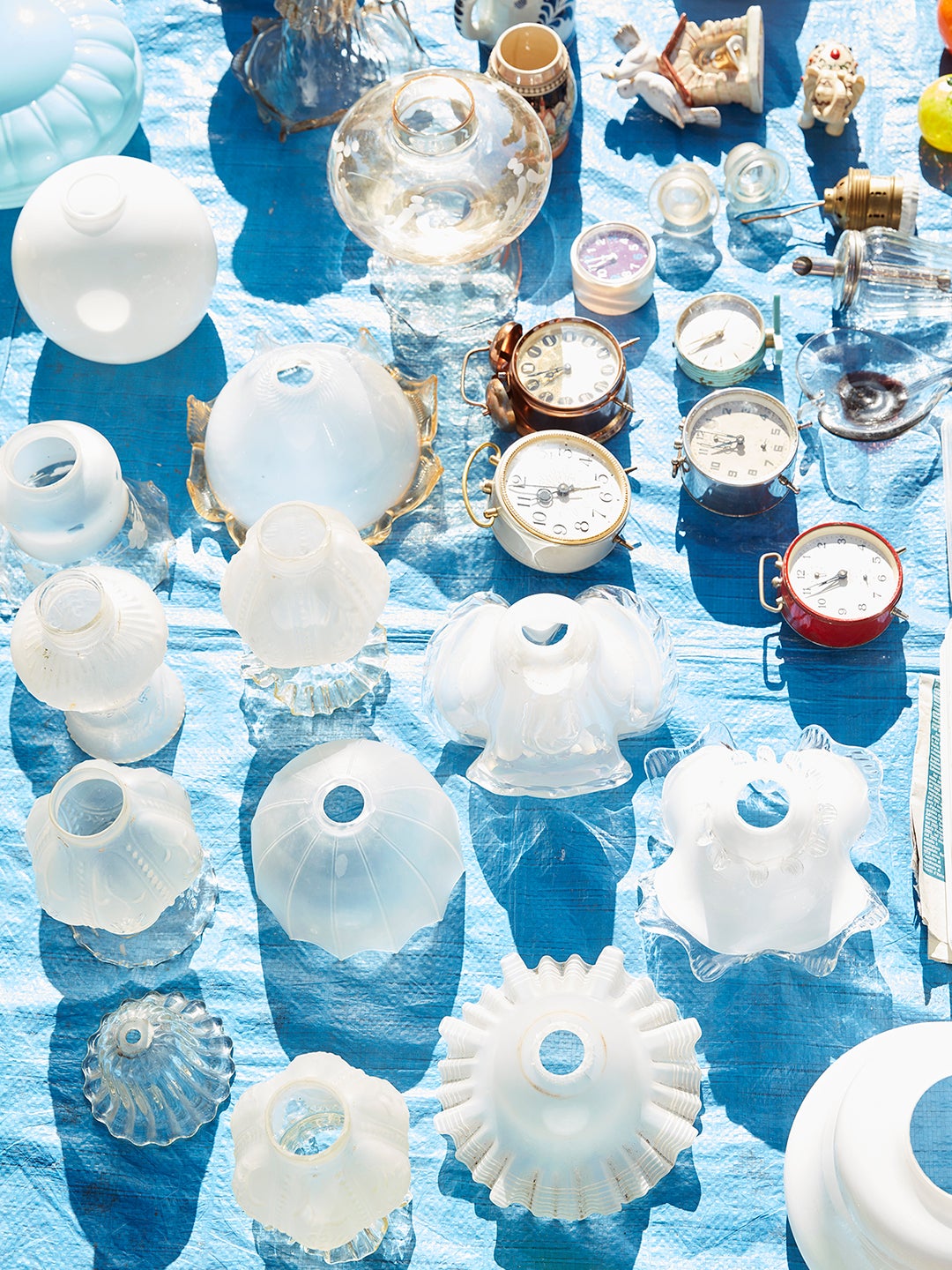 glassware on blue-painted ground