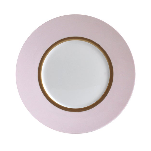 white salad plate with wide pink rim