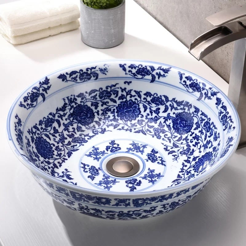 blue and white floral patterned sink