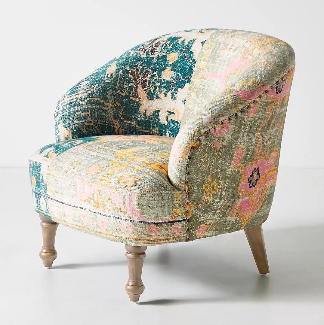 armchair with rug-print upholstery