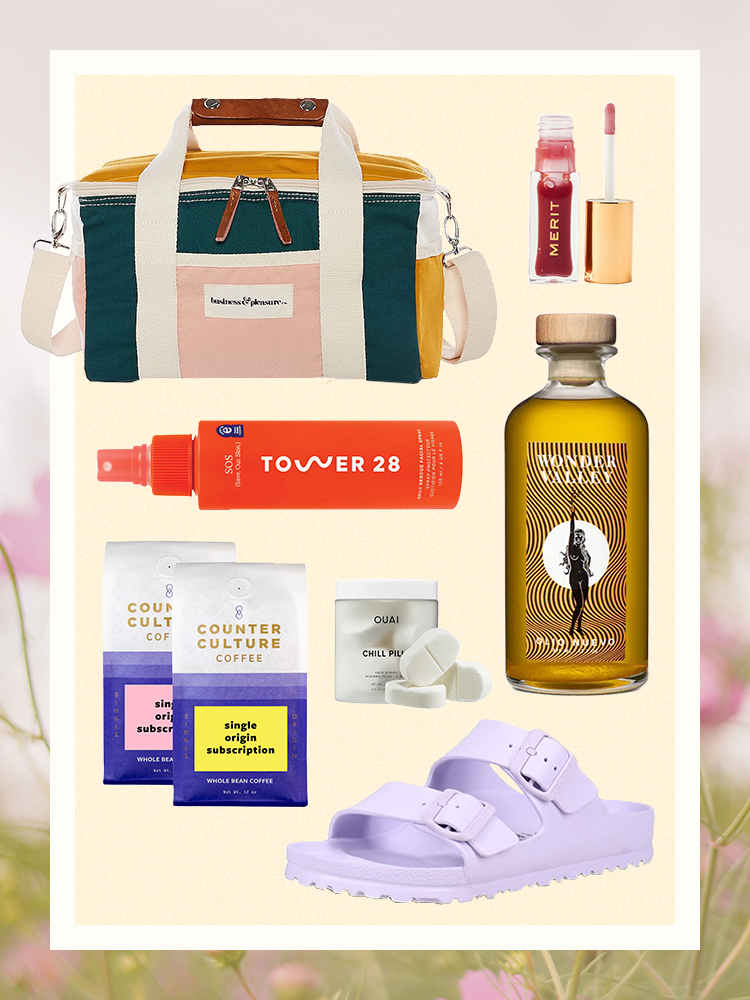 last-minute mother's day gift collage featuring cooler, olive oil, face spray, coffee, merit, birkenstocks