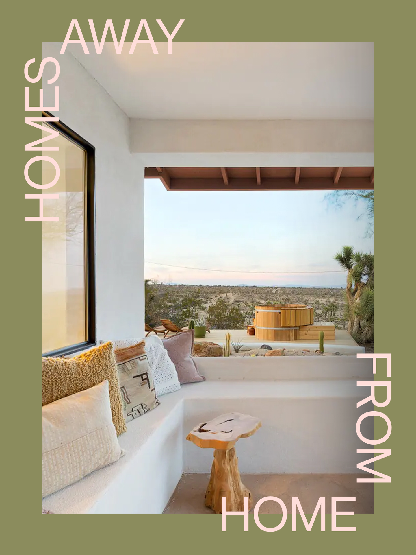 Desert living room with Homes Away From Homes logo
