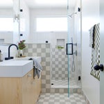 gray and white checkered bathroom tile
