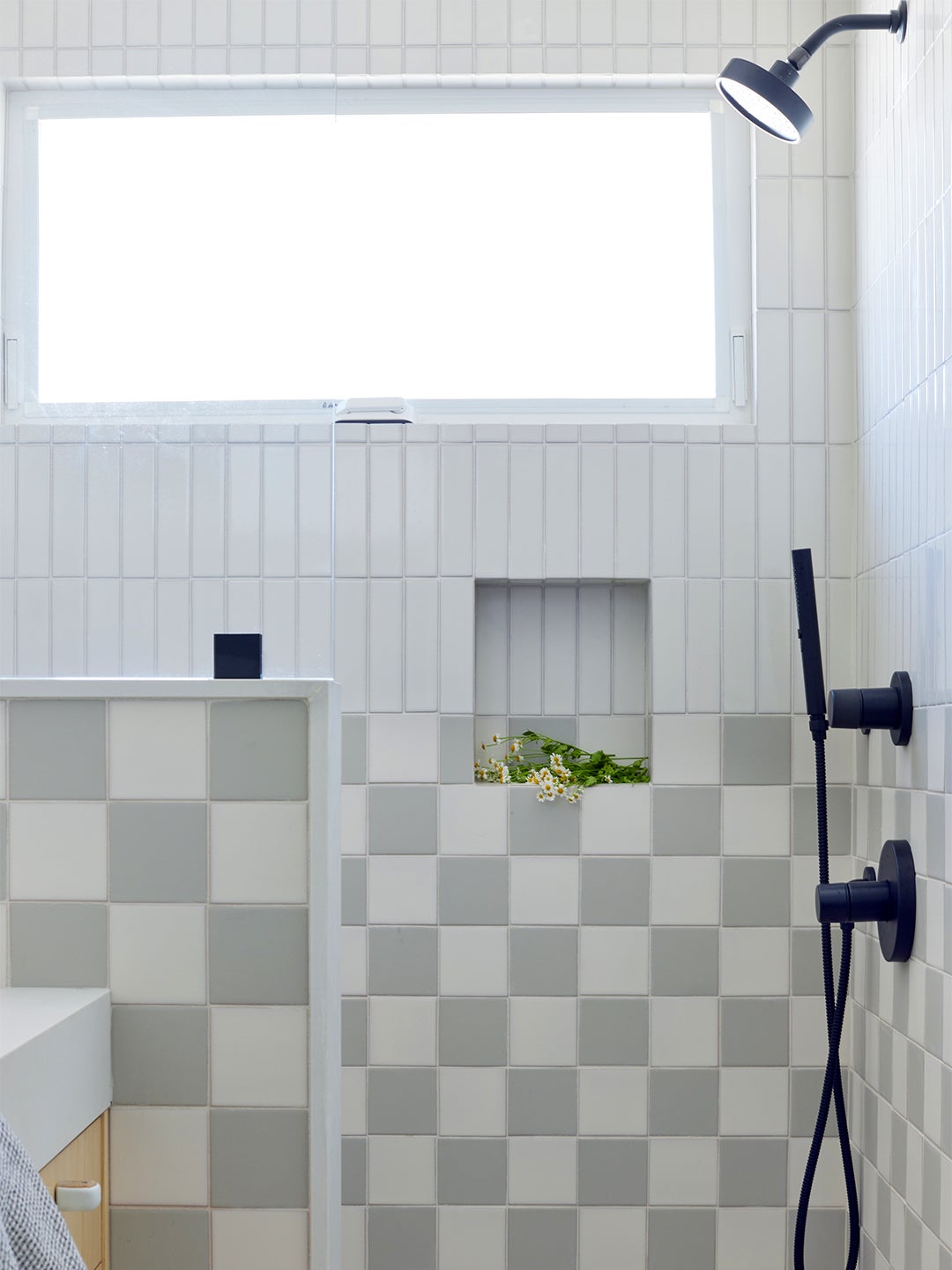 gray and white checkered bathroom tile