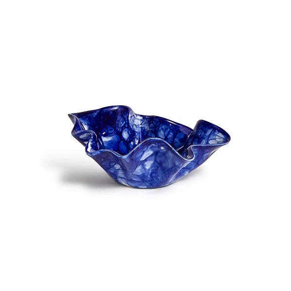 blue speckled, crimpled bowl