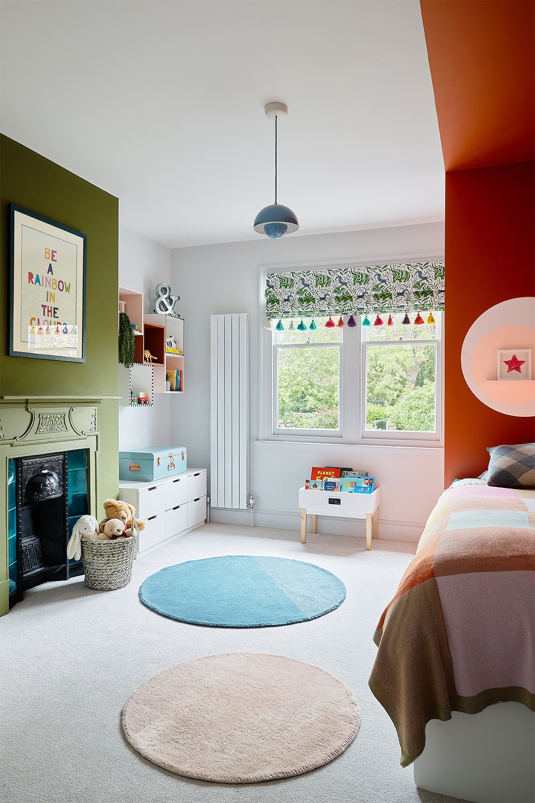 green and orange color-blocked kid's room